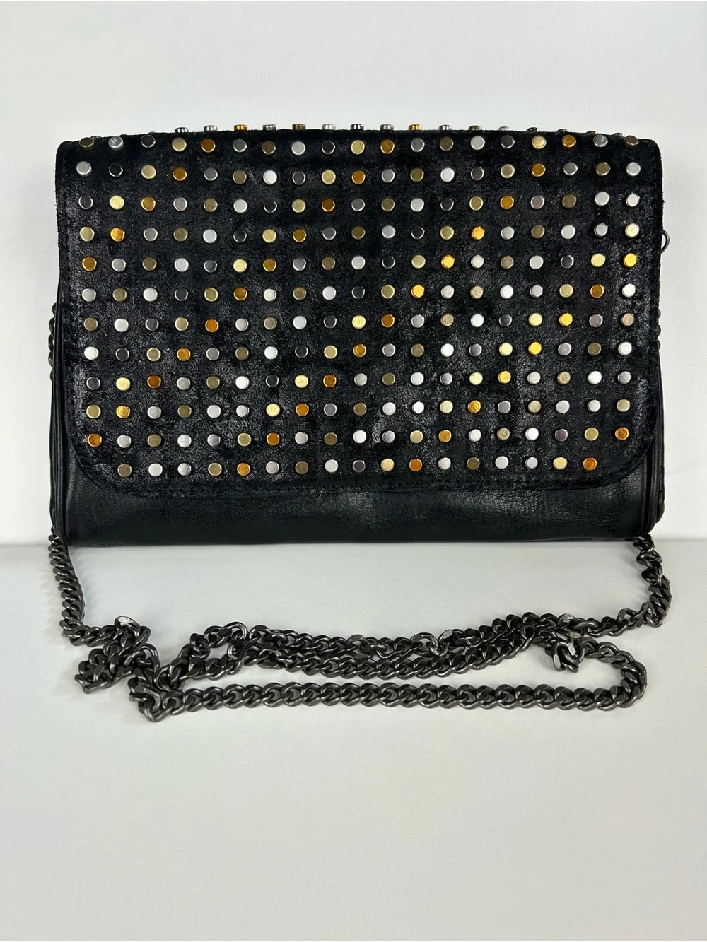 PATRICIA NASH BLACK STUDDED LEATHER LUISA FLAP CROSSBODY CLUTCH